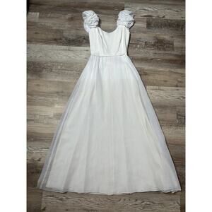 Vintage House of Bianchi White Gown Puff Sleeve Tulle Overlay Size Small